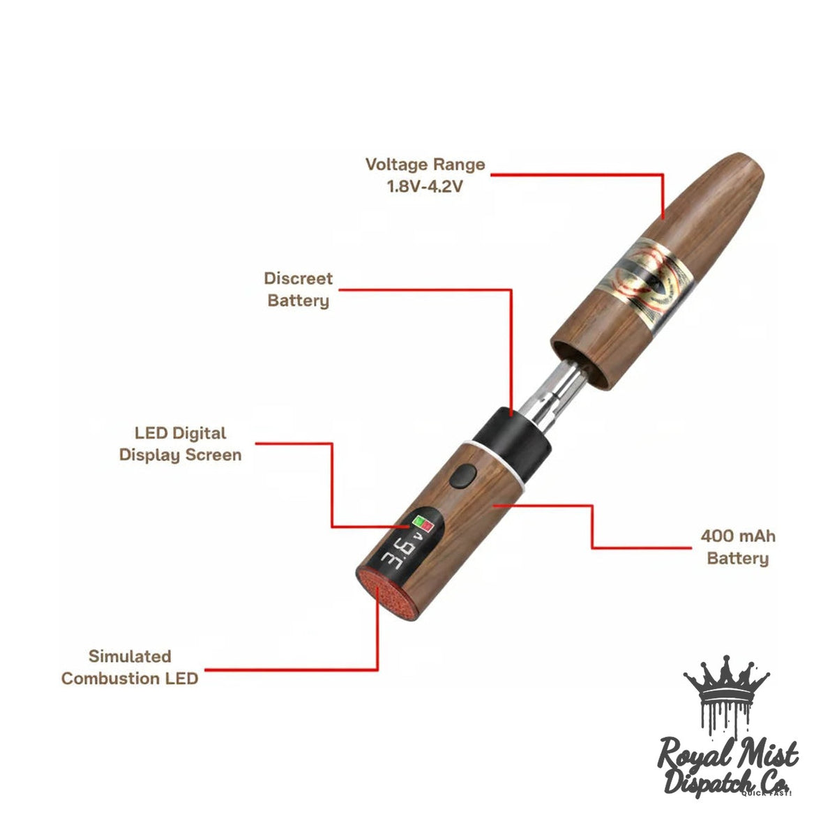 Cigar Style Concealed 400mAh preheat VV battery — Buy in Nairobi | Royal Mist