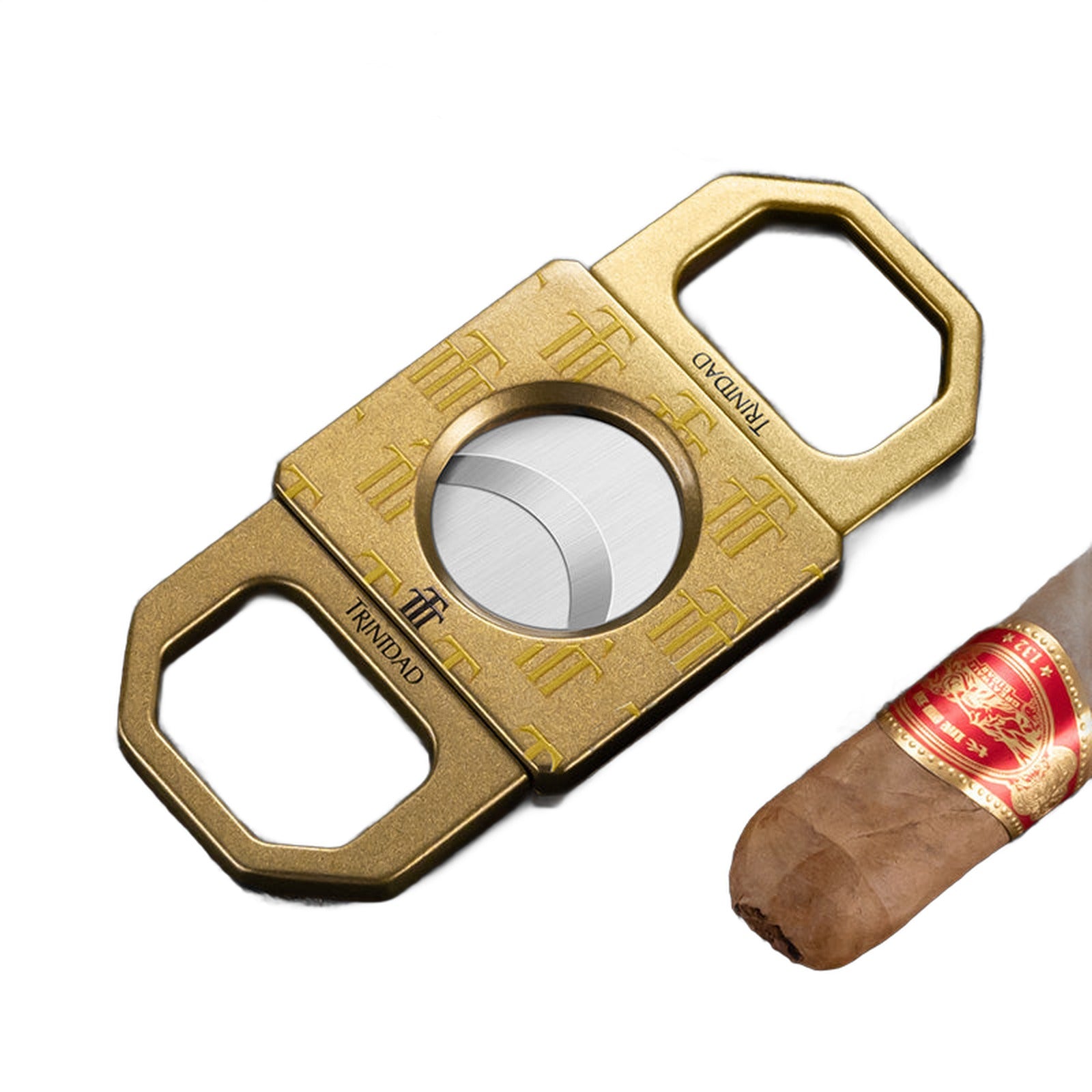 Double Blade Stainless Steel V-Cutter Cigar Cutter blade detail with cigar — Buy in Nairobi | Royal Mist